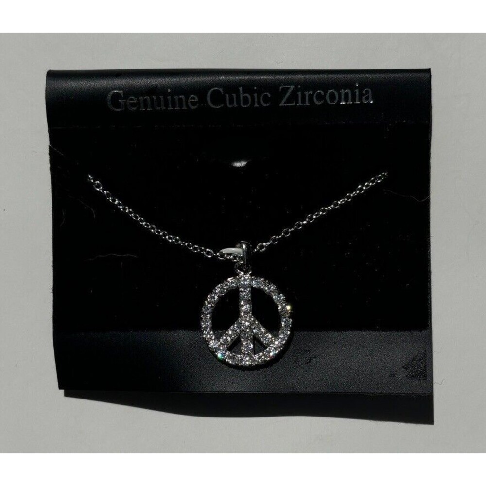 CZ Peace Sign 3/4" Designer Look Womens  Pendant Necklace 18” Chain Bling